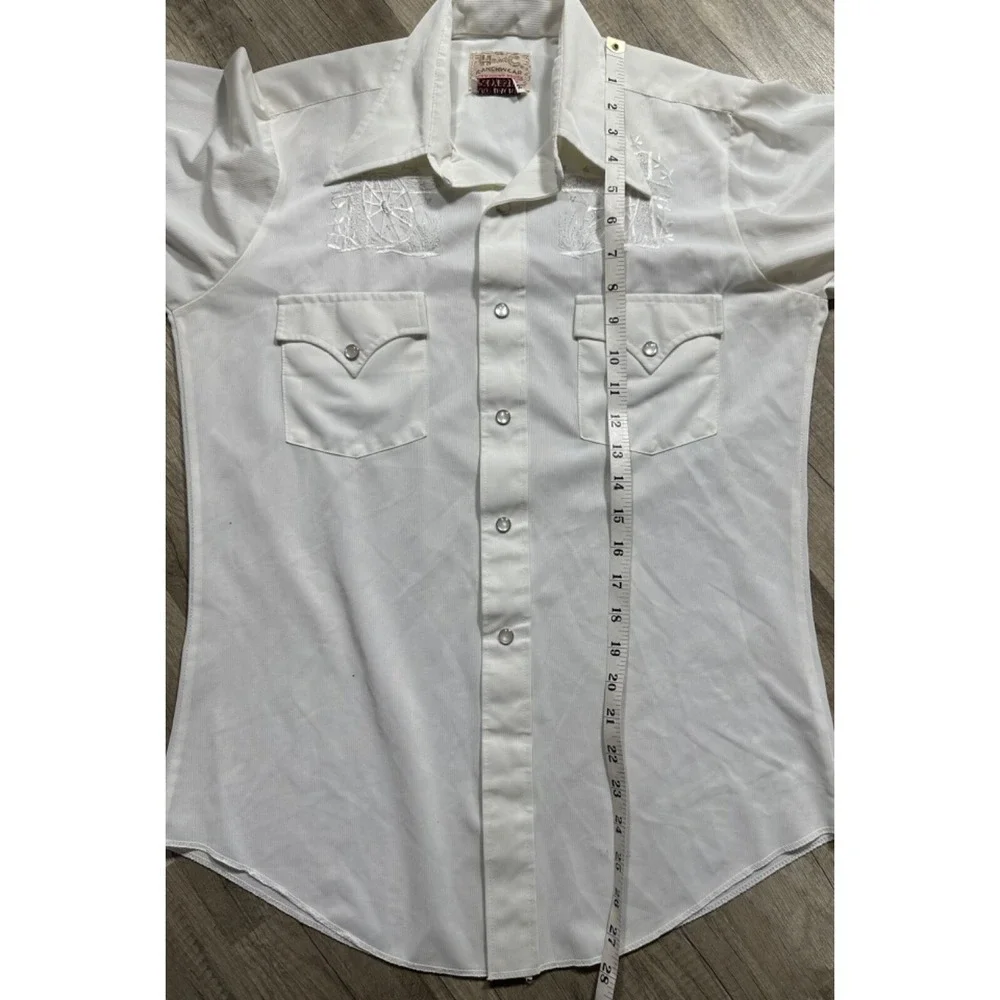 Vtg H BAR C Western Shirt Mens Wagon Wheel Pearl Snap Permanent Press‎ White